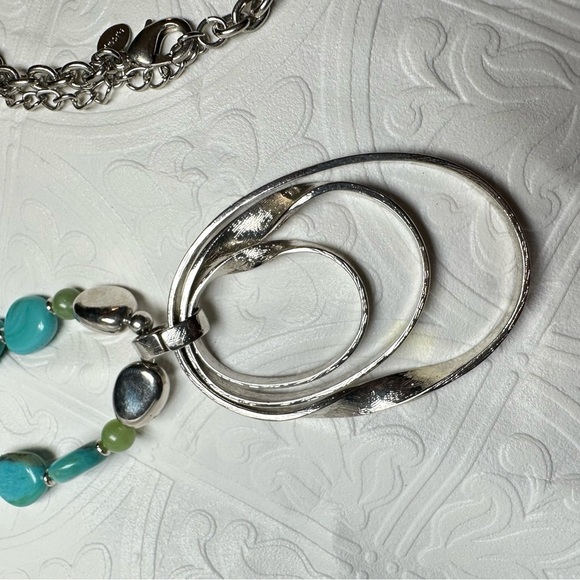 Chico's Blue and Silver Geometric Necklace Statement long Dangle pendant 0776 P - Picture 6 of 13